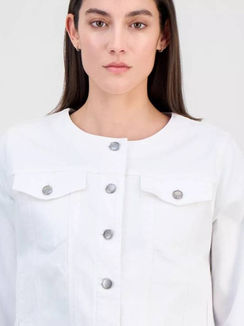 New Eileen Fisher White Cotton Blend Denim Round Neck Jacket